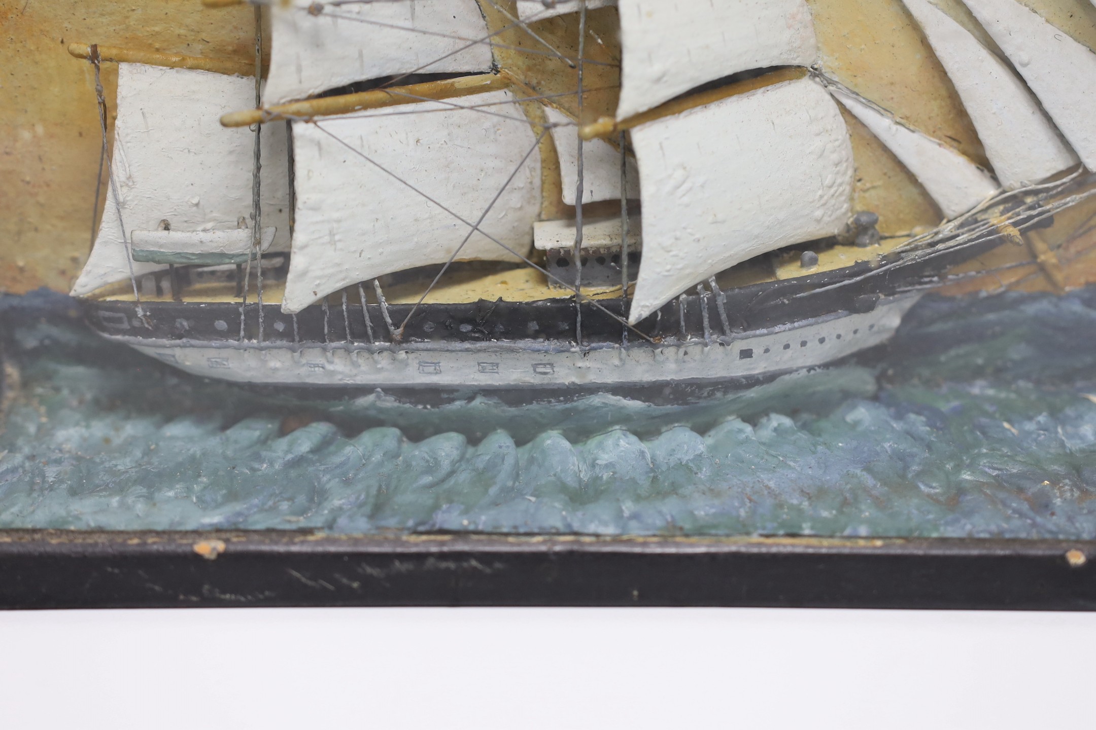 A painted half ship diorama, in glazed frame, 22x29cm